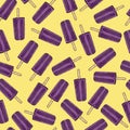 Purple popsicles on yellow background seamless pattern with outlines