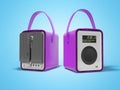 Purple portable radio column for listening to leather bound music 3D render on blue background with shadow