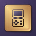 Purple Portable tetris electronic game icon isolated on purple background. Vintage style pocket brick game. Interactive