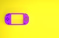 Purple Portable video game console icon isolated on yellow background. Gamepad sign. Gaming concept. Minimalism concept