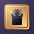 Purple Potatoes french fries in carton package box icon isolated on purple background. Fast food menu. Gold square