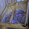 Purple lavender potpourri bags wooden box Royalty Free Stock Photo