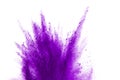 Purple powder explosion on white background. Violet cloud splatted. Color dust explode. Paint Holi.