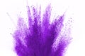 Purple powder explosion on white background. Violet cloud splatted. Color dust explode. Paint Holi.
