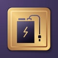 Purple Power bank with different charge cable icon isolated on purple background. Portable charging device. Gold square Royalty Free Stock Photo