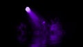 Purple projector bright stadium arena lights. Spotlight with smoke on black background. Award studio ceremony the stadium with