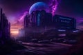 Purple Punk Metropolis: Cyber Fantasy City of Another Planet with Futuristic Modern Billboards