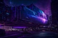 Purple Punk Metropolis: Cyber Fantasy City of Another Planet with Futuristic Modern Billboards