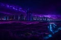 Purple Punk Metropolis: Cyber Fantasy City of Another Planet with Futuristic Modern Billboards