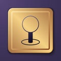Purple Push pin icon isolated on purple background. Thumbtacks sign. Gold square button. Vector