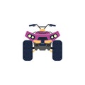 Purple quad bike in front view, four-wheeled motorcycle transportation, ATV off-road transport vector flat illustration