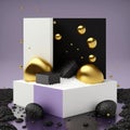 purple raindrops and gold fireflies white pebbles and black cubes background for cosmetic products, mock up pedestal AI