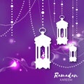 Purple Ramadan Kareem celebration greeting card. Hanging arabic lamps