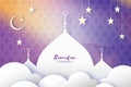 Purple Ramadan Kareem Greeting card.. Arabic window Mosque, clouds, white stars. Paper cut style. Arabesque pattern Royalty Free Stock Photo