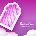 Purple Ramadan Kareem. Origami Mosque Window. Holy month. Paper cut Cloud. Space for text Royalty Free Stock Photo