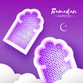 Purple Ramadan Kareem. 2 Origami Mosque Window. Holy month. Paper cut Cloud. Space for text Royalty Free Stock Photo