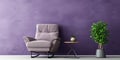 Purple recliner chair on gray carpet. Interior design of modern living room