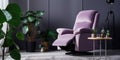 Purple recliner chair on gray carpet. Interior design of modern living room