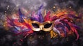 purple, red and gold masquerade mask with red feathers and sparkles against a black background, Royalty Free Stock Photo