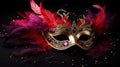 purple, red and gold masquerade mask with red feathers and sparkles against a black background, Royalty Free Stock Photo