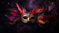 purple, red and gold masquerade mask with red feathers and sparkles against a black background, Royalty Free Stock Photo