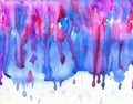 Purple and red watercolor streaks flow down the blue and white background. Drops on a white background. Royalty Free Stock Photo