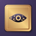 Purple Reddish eye due to viral, bacterial or allergic conjunctivitis icon isolated on purple background. Gold square