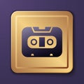 Purple Retro audio cassette tape icon isolated on purple background. Gold square button. Vector