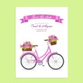 Purple retro bicycle with bouquet in floral basket and box on trunk for wedding, congatulation banner, invite, card