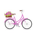 Purple retro bicycle with bouquet in floral box on trunk for wedding, congatulation banner, invite, card