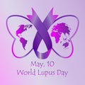 Purple ribbon and butterfly symbol of Lupus disease. World Lupus day concept. Vector illustration.