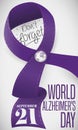 Purple Ribbon with Needlework and Button for World Alzheimer`s Day, Vector Illustration