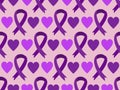Purple ribbon seamless pattern background with hearts - emblem symbol for Dementia awareness month, Alzheimers disease
