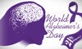 Woman Silhouette, Tangles and Purple Ribbon to Celebrate World Alzheimer`s Day, Vector Illustration