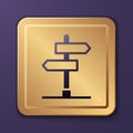 Purple Road traffic sign. Signpost icon isolated on purple background. Pointer symbol. Isolated street information sign