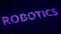 Purple ROBOTICS word made with flying luminescent particles. Loopable 3D rendering