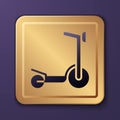 Purple Roller scooter for children icon isolated on purple background. Kick scooter or balance bike. Gold square button