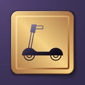 Purple Roller scooter for children icon isolated on purple background. Kick scooter or balance bike. Gold square button