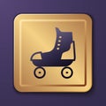 Purple Roller skate icon isolated on purple background. Gold square button. Vector