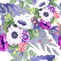 Purple rose bouquet floral botanical flowers. Watercolor background illustration set. Seamless background pattern. Royalty Free Stock Photo