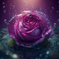 Purple rose falling into the water on a black background close-up, beautiful illustration, original flower background,