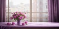 Purple rose flower and window with sun light copy space blurred background Royalty Free Stock Photo