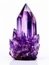 Purple rough amethyst quartz crystal isolated over white background. Violet semiprecious natural stone mineral