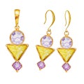 Watercolor drawing golden Pendant and earrings on white background. Beautiful fashion jewelry set. Purple round and Royalty Free Stock Photo