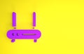 Purple Router and wi-fi signal icon isolated on yellow background. Wireless ethernet modem router. Computer technology