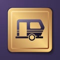 Purple Rv Camping trailer icon isolated on purple background. Travel mobile home, caravan, home camper for travel. Gold