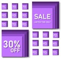 Purple sale and discount stickers isolated on white, vector illustration