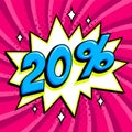 Purple sale web banner. Sale twenty percent 20 off on a Comics pop-art style bang shape on pink twisted background. Big