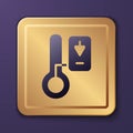 Purple Sauna thermometer icon isolated on purple background. Sauna and bath equipment. Gold square button. Vector