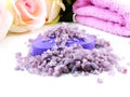 purple sea salt spa and soap lavender scent on white background Royalty Free Stock Photo